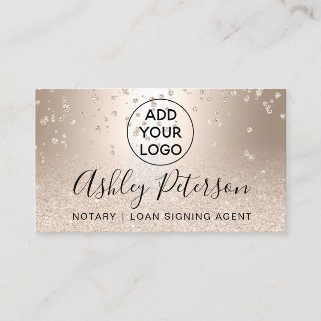Notary logo metallic confetti gold glitter business card (Front)