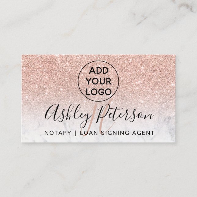 Notary logo monogram marble rose gold glitter business card (Front)