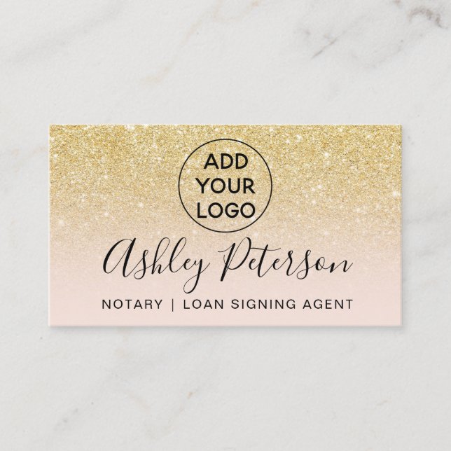 Notary logo typography blush chic gold glitter business card (Front)