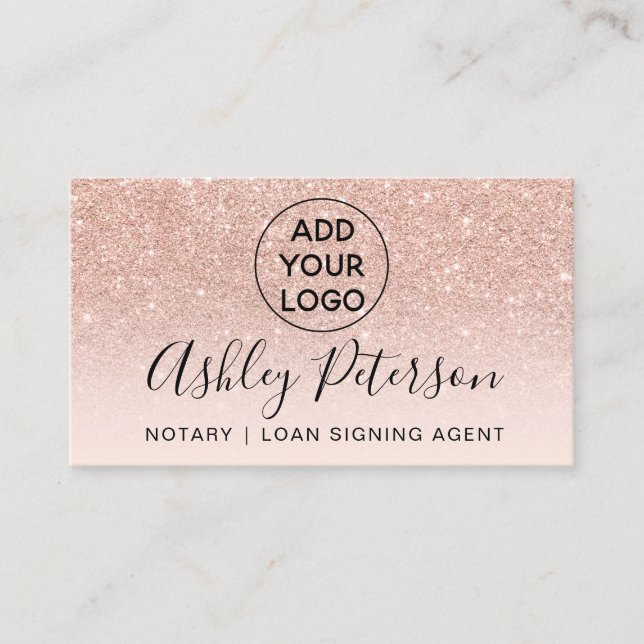 Notary logo typography blush rose gold glitter business card (Front)