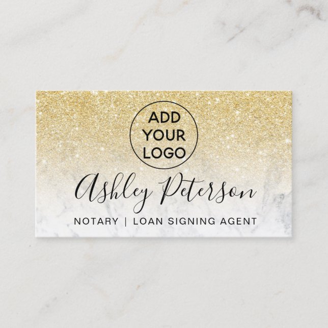 Notary logo typography marble chic gold glitter business card (Front)