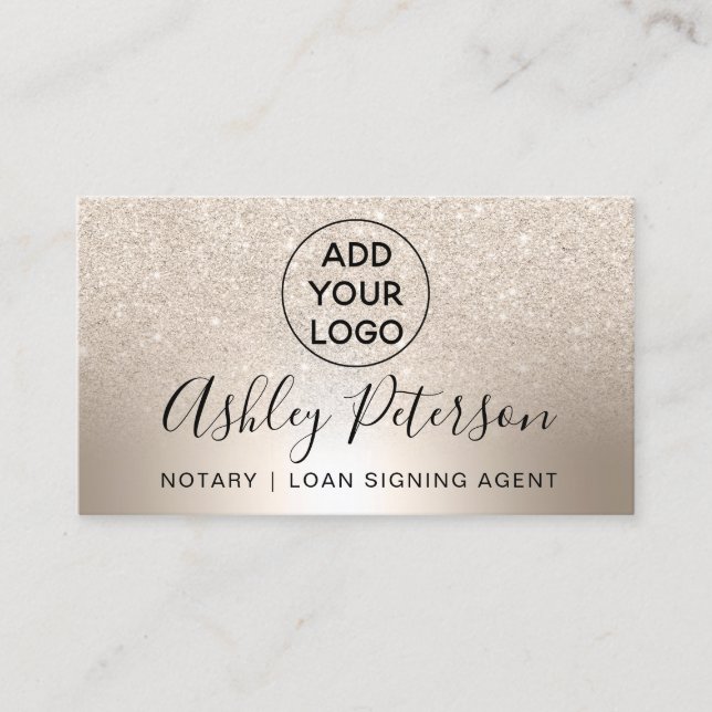 Notary logo typography metallic chic gold glitter business card (Front)