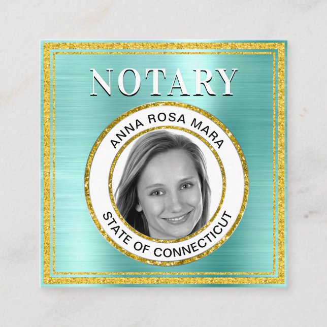 *~* NOTARY PHOTO METAL AQUA Signing Agent Square Business Card (Front)
