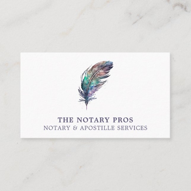 Notary Public Apostille Service Watercolor Feather Business Card (Front)