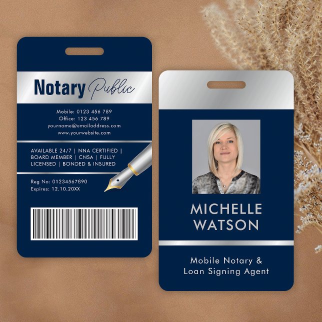 Notary Public Attorney Emplee Photo Navy & Silver ID Badge (Professional employee photo ID badge in navy blue and silver)
