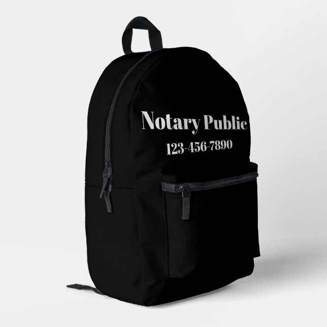 Notary Public Black and White Phone Number Printed Backpack (Back Corner Left)