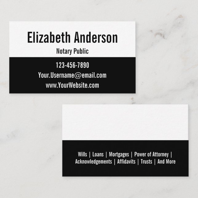 Notary Public Black and White Template Business Card (Front/Back)