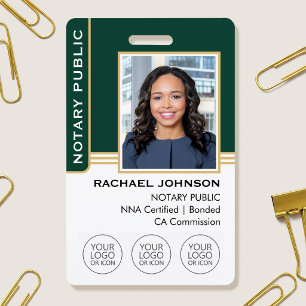 Notary Public Custom Photo Logo ID Green Gold Badge