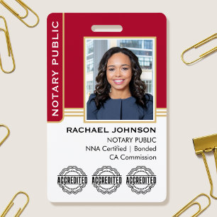 Notary Public Custom Photo Logo ID Red Gold ID Badge