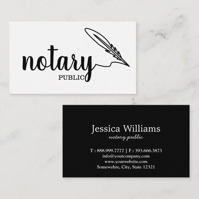 Notary Public Elegant Script Plain Black &  White Business Card (Front/Back)