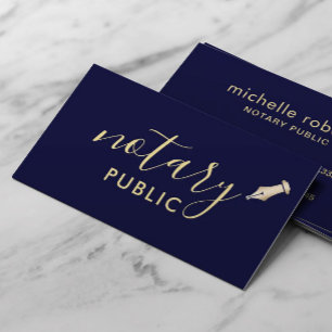 Notary Public Elegant Script Plain Navy & Gold Business Card