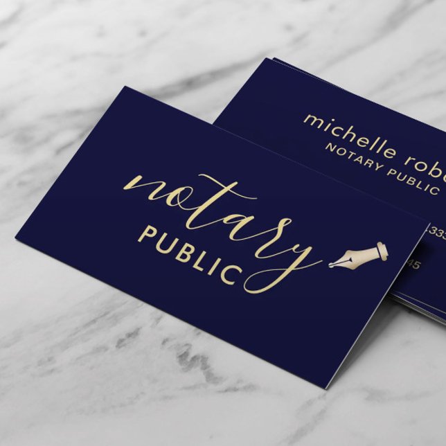 Notary Public Elegant Script Plain Navy & Gold Business Card (Creator Uploaded)