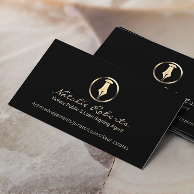 Notary Public Gold Pen Logo Loan Signing Agent Business Card (Creator Uploaded)