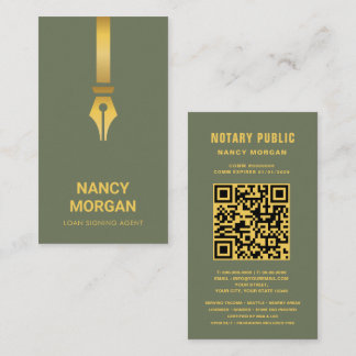 Notary Public Gold Pen Qr Code Sage Green  Business Card