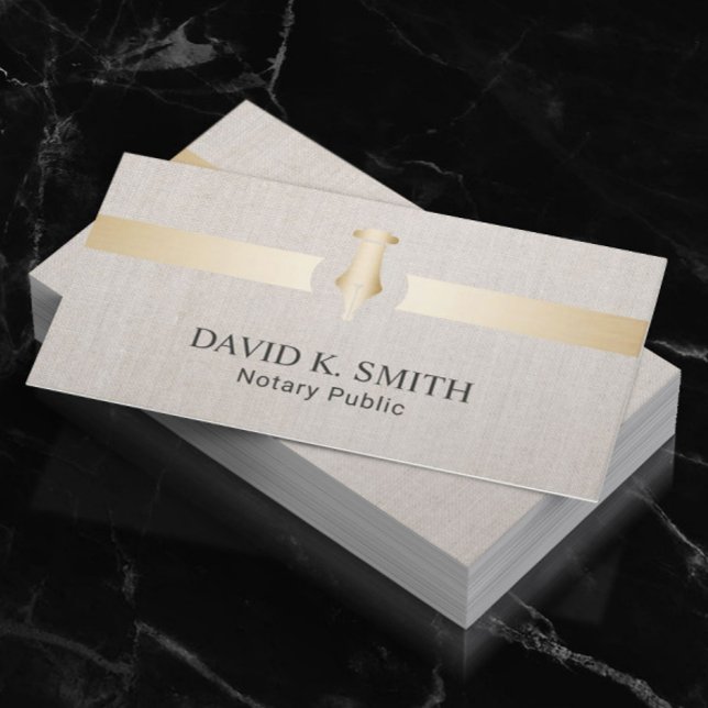 Notary Public Golden Pen Elegant Linen Business Card (Creator Uploaded)