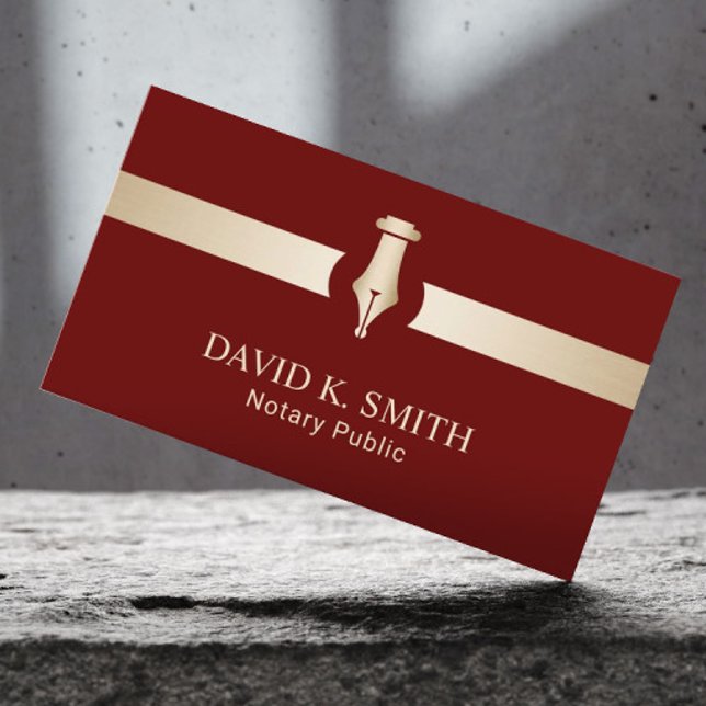 Notary Public Golden Pen Elegant Red Business Card (Creator Uploaded)