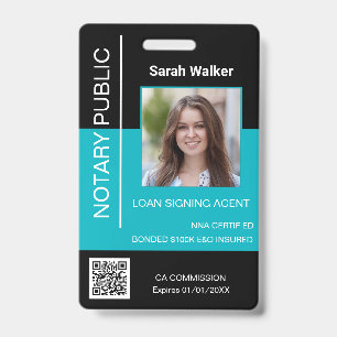 Notary Public ID office worker black turquoise Badge