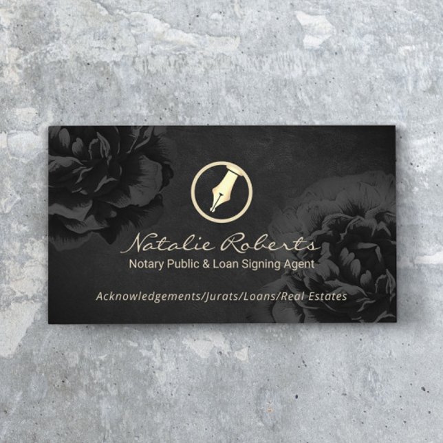 Notary Public Loan Signing Agent Black Floral Business Card (Creator Uploaded)
