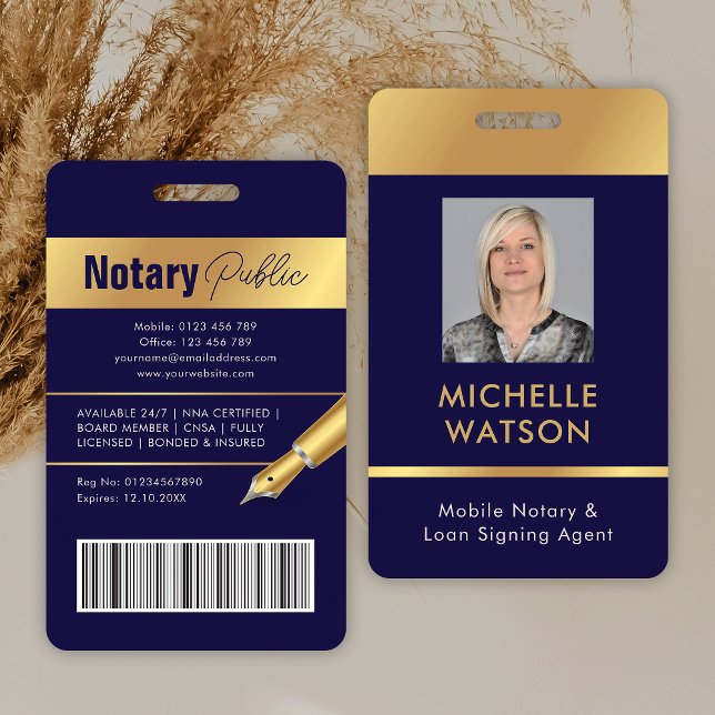 Notary Public Loan Signing Agent Employee Photo ID ID Badge (Modern employee photo ID badge in navy blue and gold)