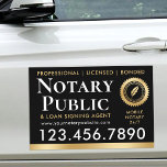 Notary Public Loan Signing Agent Gold Black Car Magnet<br><div class="desc">Promote your business on trips and during events with this elegant 'Notary Public & Loan Signing Agent' car magnet. A stylish template personalised with your service information, telephone number, website and availability. This design features a quill feather writing pen inside a seal shaped symbol, but you can replace this with...</div>