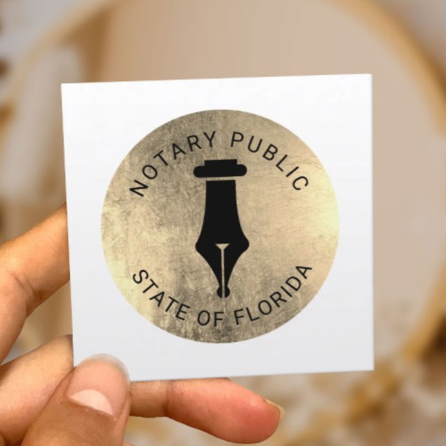 Notary Public Loan Signing Agent Gold Pen Label Square Business Card (Creator Uploaded)