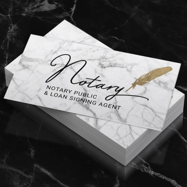 Notary Public Loan Signing Agent Gold Quill Marble Business Card (Creator Uploaded)