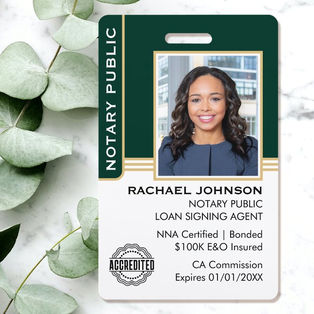 Notary Public Loan Signing Agent ID Green Gold ID Badge (Creator Uploaded)