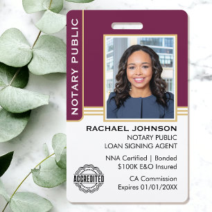 Notary Public Loan Signing Agent ID Plum Gold ID Badge