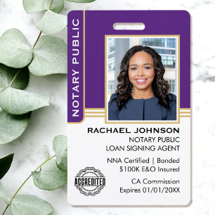 Notary Public Loan Signing Agent ID Purple Gold ID Badge