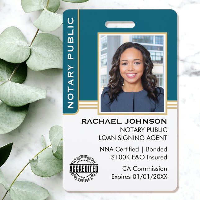Notary Public Loan Signing Agent ID Teal Gold ID Badge (Creator Uploaded)