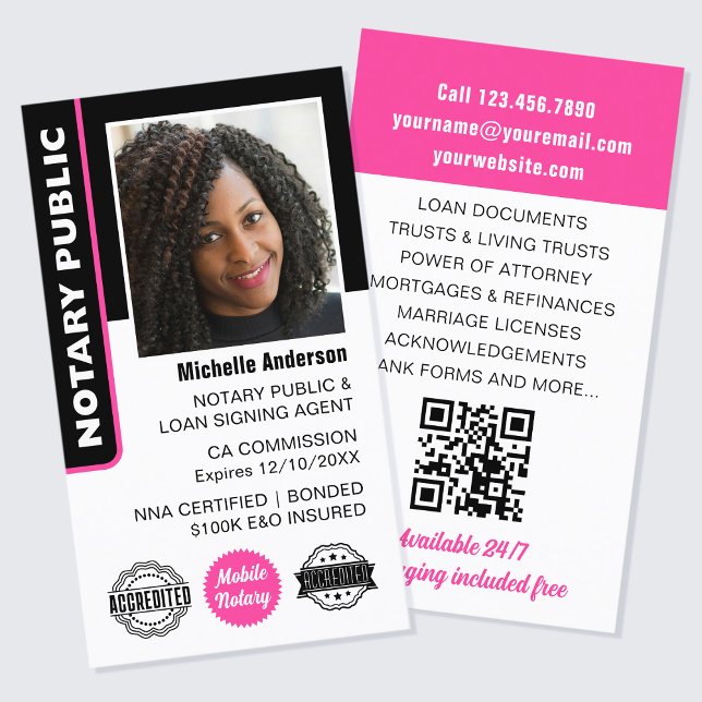 Notary Public Loan Signing Agent Photo ID Pink Business Card (Creator Uploaded)