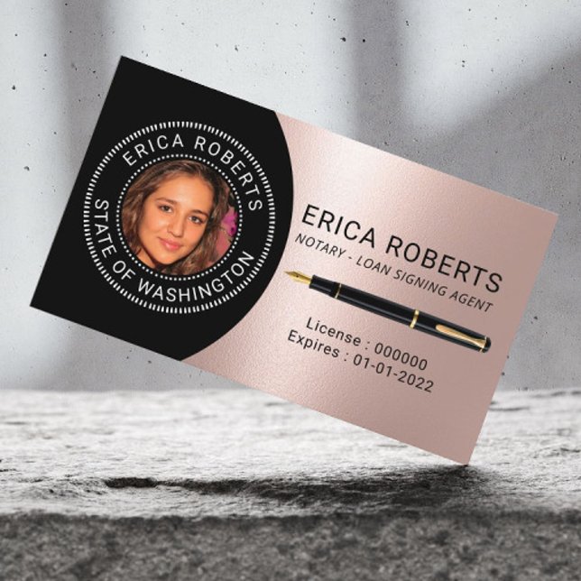 Notary Public Loan Signing Agent Rose Gold Photo Business Card (Creator Uploaded)