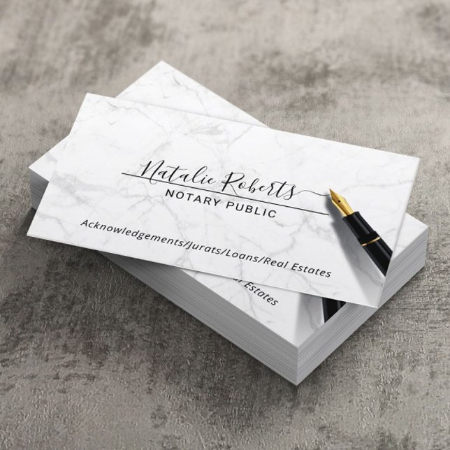 Notary Public Minimalist Signature White Marble Business Card (Creator Uploaded)