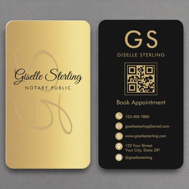 Notary Public Monogram Gold Black QR Code Business Card (Creator Uploaded)