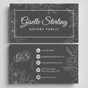 Notary Public Moody Charcoal Gray Floral Script Business Card