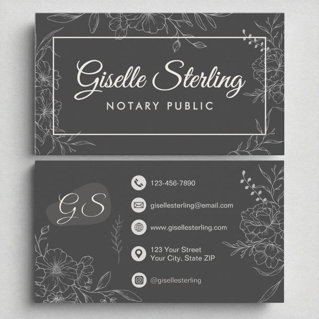 Notary Public Moody Charcoal Grey Floral Script Business Card (Creator Uploaded)