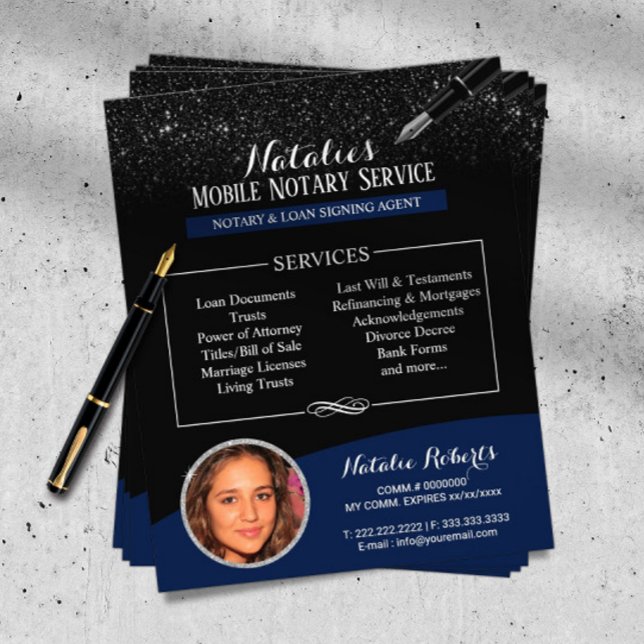 Notary Public Navy Blue Black Glitter Custom Photo Flyer (Creator Uploaded)