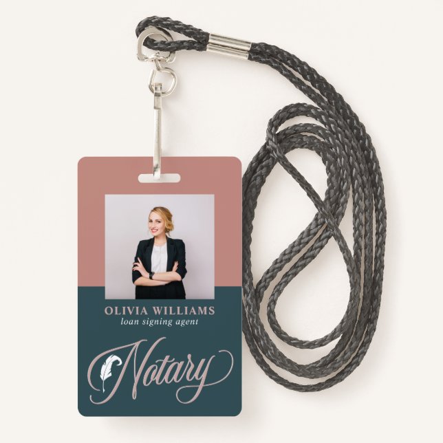 Notary Public Navy & Blush Pink ID ID Badge (Front with Lanyard)