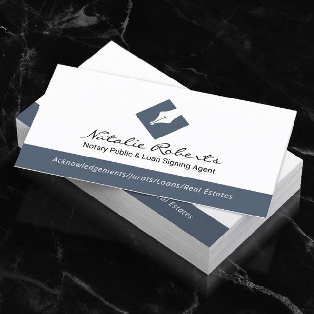 Notary Public Pen Logo Loan Signing Agent Blue Business Card (Creator Uploaded)