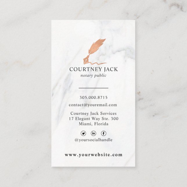 Notary Public Services Luxury Marble Rose Gold Business Card (Back)