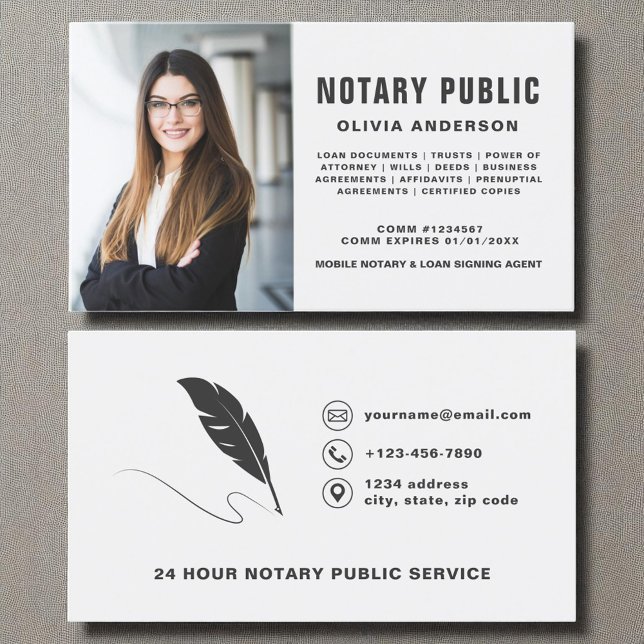 Notary Public Signing Agent Photo Modern Grey  Business Card (Creator Uploaded)