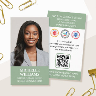 Notary Public Signing Agent Photo QR Code Green Business Card