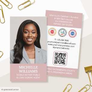 Notary Public Signing Agent Photo QR Code Pink Business Card