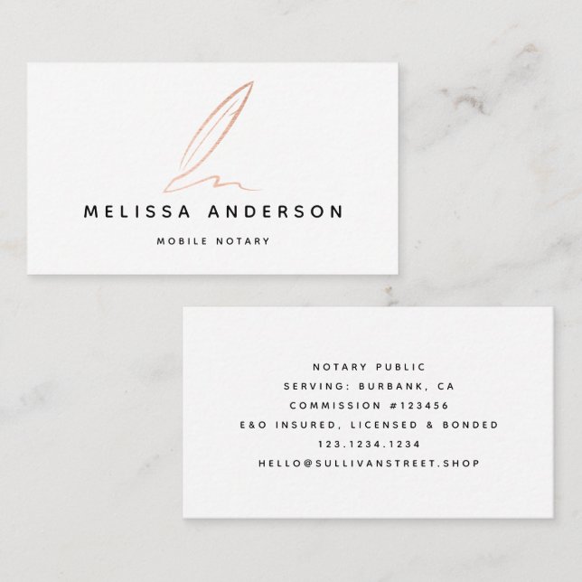 Notary Public Signing Agent Rose Gold Foil Quill  Business Card (Front/Back)