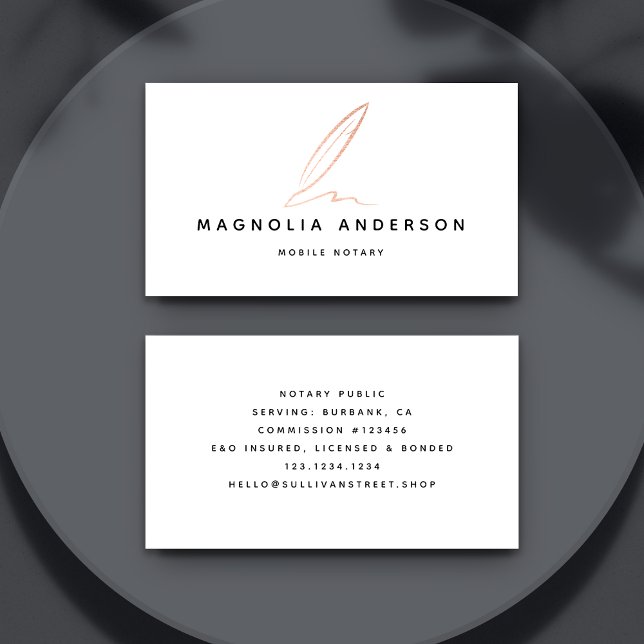 Notary Public Signing Agent Rose Gold Foil Quill Business Card (Creator Uploaded)