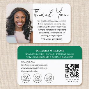 Notary Public Thank You Note Photo QR Code Green Business Card