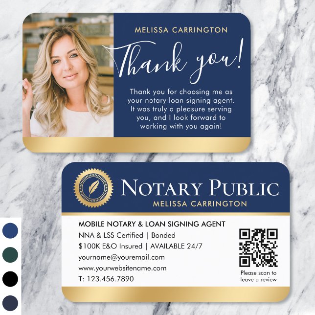 Notary Public Thank You Photo  Navy Dark Blue Gold Business Card (Creator Uploaded)