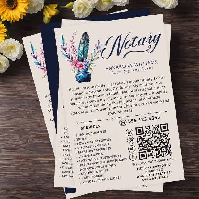 Notary Public Watercolor Quill Feather QR Code Flyer (Creator Uploaded)