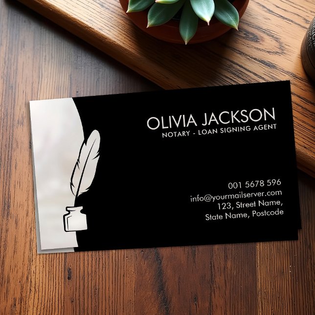 Notary quill pen ink black and pearl business card (Creator Uploaded)