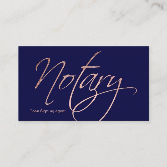 Notary script faux rose gold typography navy blue business card (Front)